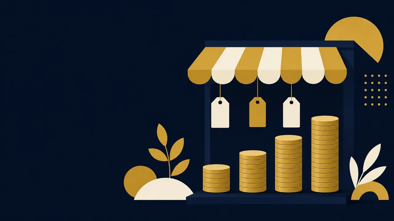 رسم توضيحي: واجهة متجر مع بطاقات أسعار ومخطط تكلفة